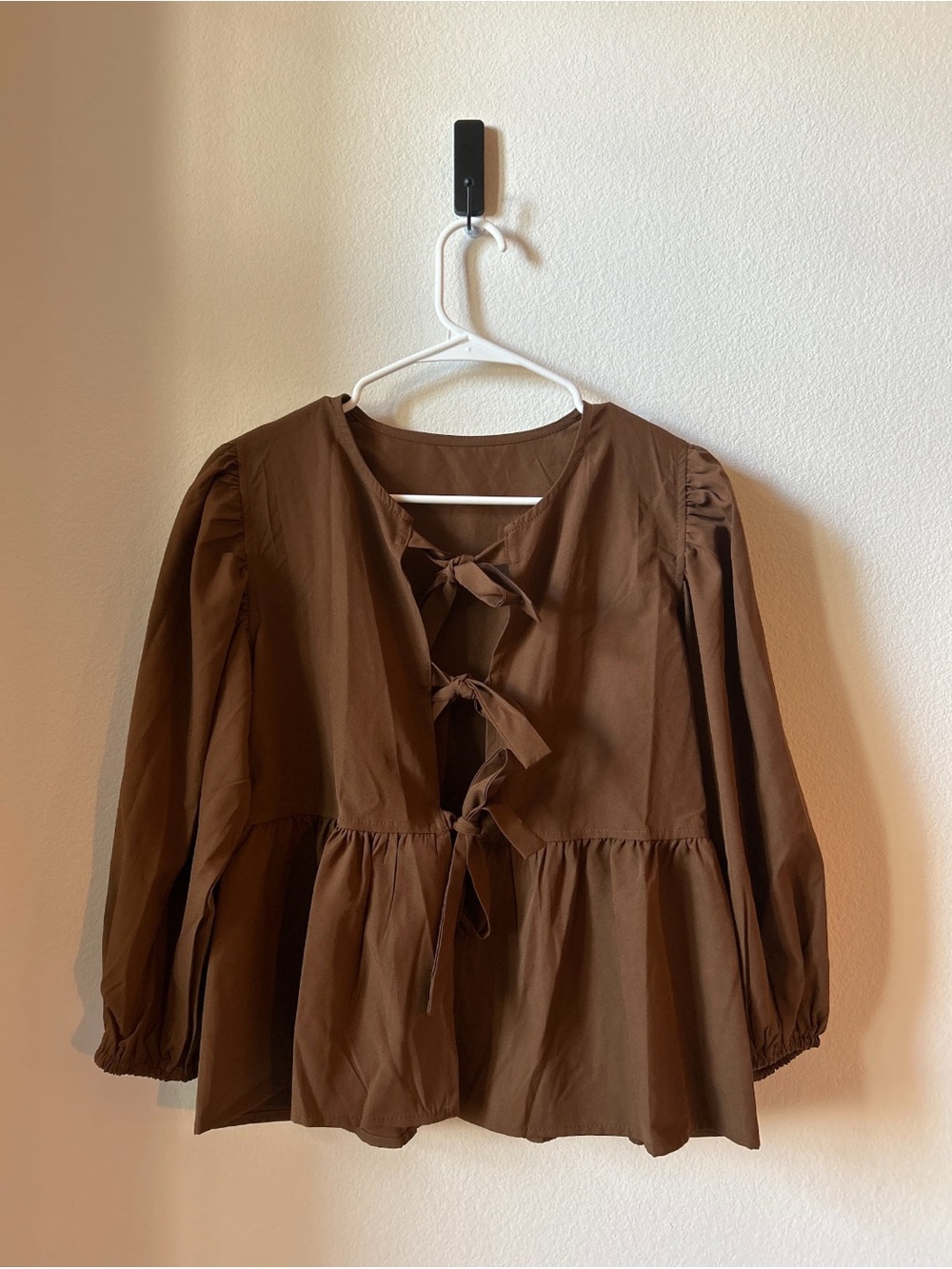 Women's Brown Tie-Front Peplum Blouse